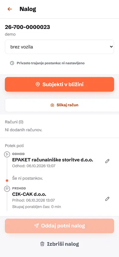 Mobilni zaslon potnega naloga z relacijo, odhodom in prihodom