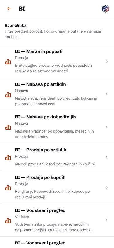 Mobilni zaslon seznama BI poročil