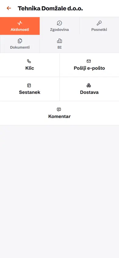 Mobilni zaslon stranke Tehnika Domžale z gumbi Klic, Pošlji e-pošto, Sestanek, Dostava, Komentar